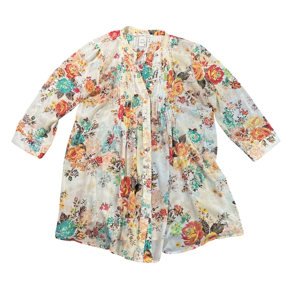 American Rag Women's Medium Pleated Button Down V Neck Flowy‎ Peasant Top Floral